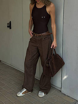 Жіночий боді з матового біфлексу з декоративними елементами, еластичний S-L Шоколад