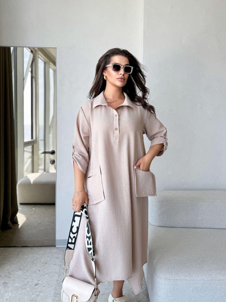 Сукня жіноча довжиною міді рукав три четверті стиль бохо льон жатка 52/54 бежева, фото 1