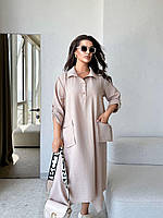 Сукня жіноча довжиною міді рукав три четверті стиль бохо льон жатка 52/54 бежева