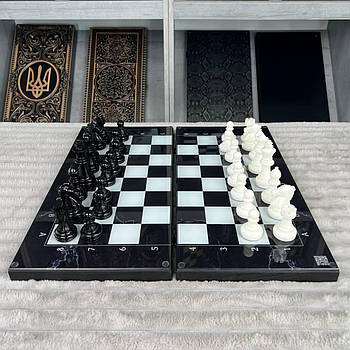 Шахи та нарди 3в1 зі скляним полем та мармуровим дизайном, арт 270052