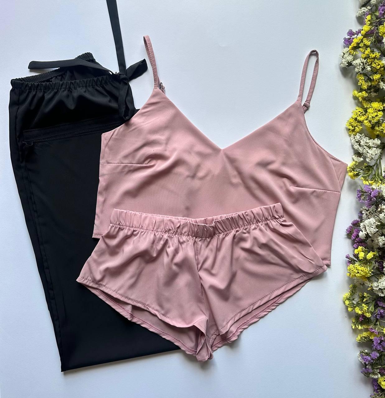 Женская пижама, комплект тройка, топ-шорты-штаны