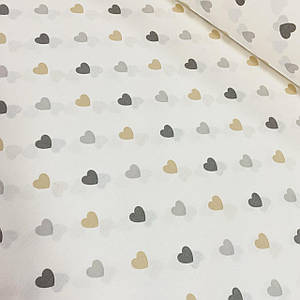 Тканина поплін графітово-сіро-бежеві сердечка на білому (ТУРЦІЯ шир. 2,4 м) (R-SAB-0870)