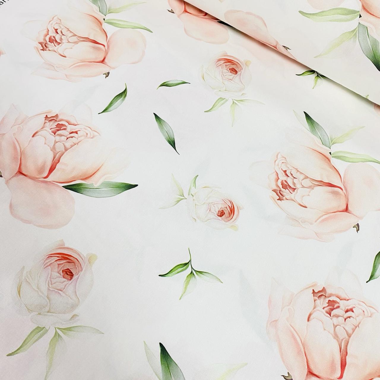 Ранфорс digital з цифровим друком, великі пудрові квіти на білому (ТУРЦІЯ шир. 2,4 м) (R-SAB-0871), фото 1
