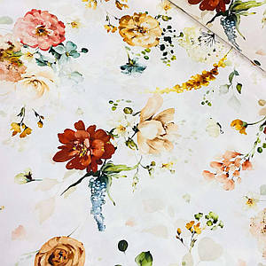Тканина сатин digital, різнобарвні квіти з листочками на білому (ТУРЦІЯ шир. 2,4 м) (SAT-SAB-0872)
