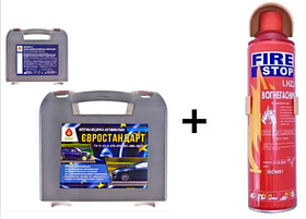 Набір автомобіліста ЄВРО АПТЕЧКА АМА-1 + ВОГНЕГАСНИК 0.5 л набір техдопомоги для автомобіліста.
