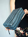 Велика косметичка з натуральної шкіри жіноча Бірюзова з тисненням Крокодил, фото 3