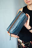 Велика косметичка з натуральної шкіри жіноча Бірюзова з тисненням Крокодил, фото 2