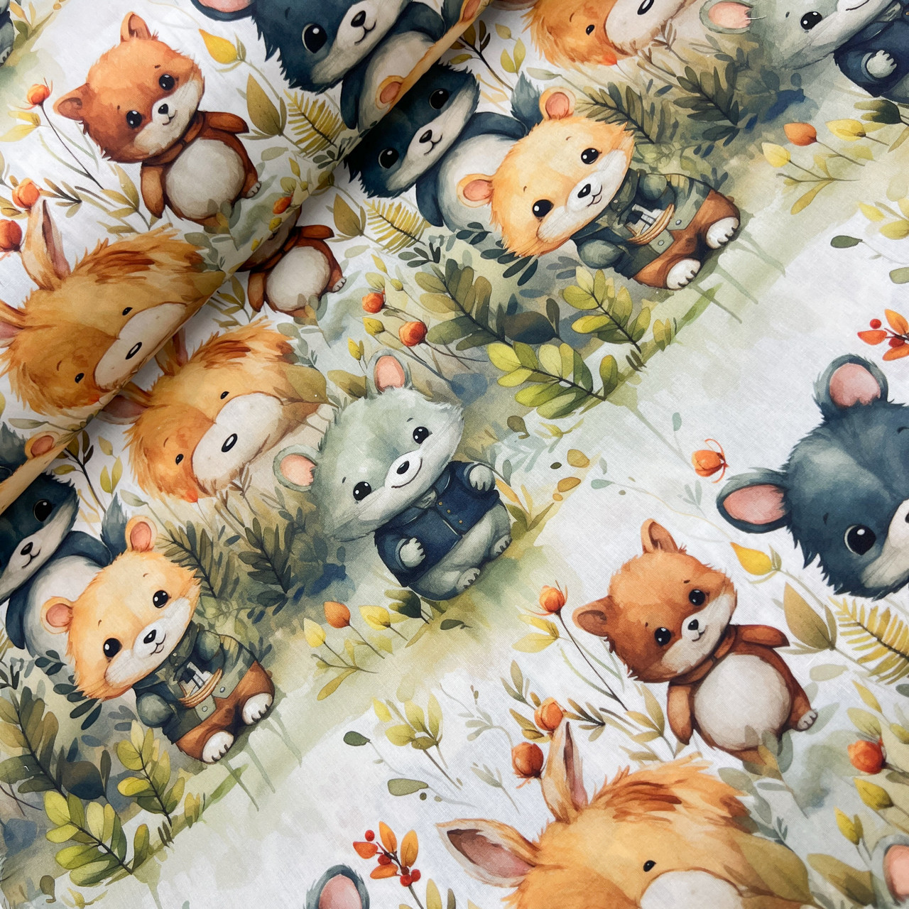 Турецька бавовняна тканина ранфорс digital "Маленькі звірята в травах" 240 см, фото 1