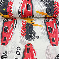 Турецька бавовняна тканина ранфорс "Червоні автомобілі на білому" 240 см, фото 3