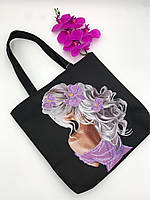 Сумка для вишивання 37х33х6 см. Довжина ручок 60 см. Чорна. Тканинна "Дівчина з фіолетовими квітами у волоссі"