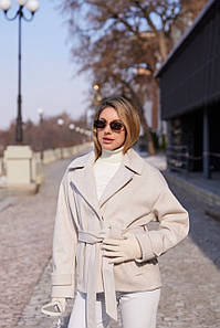 Пальто жакет кашемірове демісезонне жіноче з поясом молочне