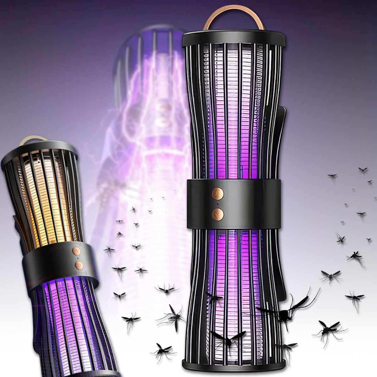 Антимоскітна подвійна лампа-пастка з УФ та теплим білим світлом на акумуляторі, фото 1