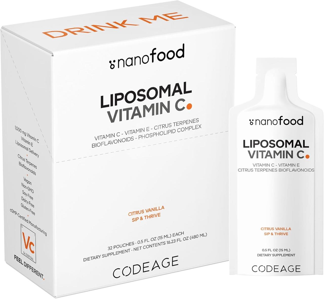 Codeage Liposomal Liquid Vitamin C Pouch / Ліпосомальний вітамін C 1000 мг 32 саше 06/2026, фото 1