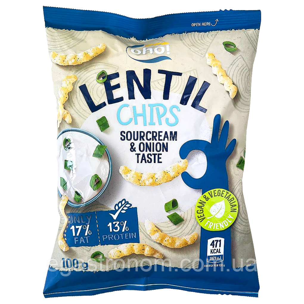Чипси з сочевиці зі смаком cметани та цибулі Охо Оho sour cream&onion 100g 23шт/ящ (Код: 00-00017845), фото 1