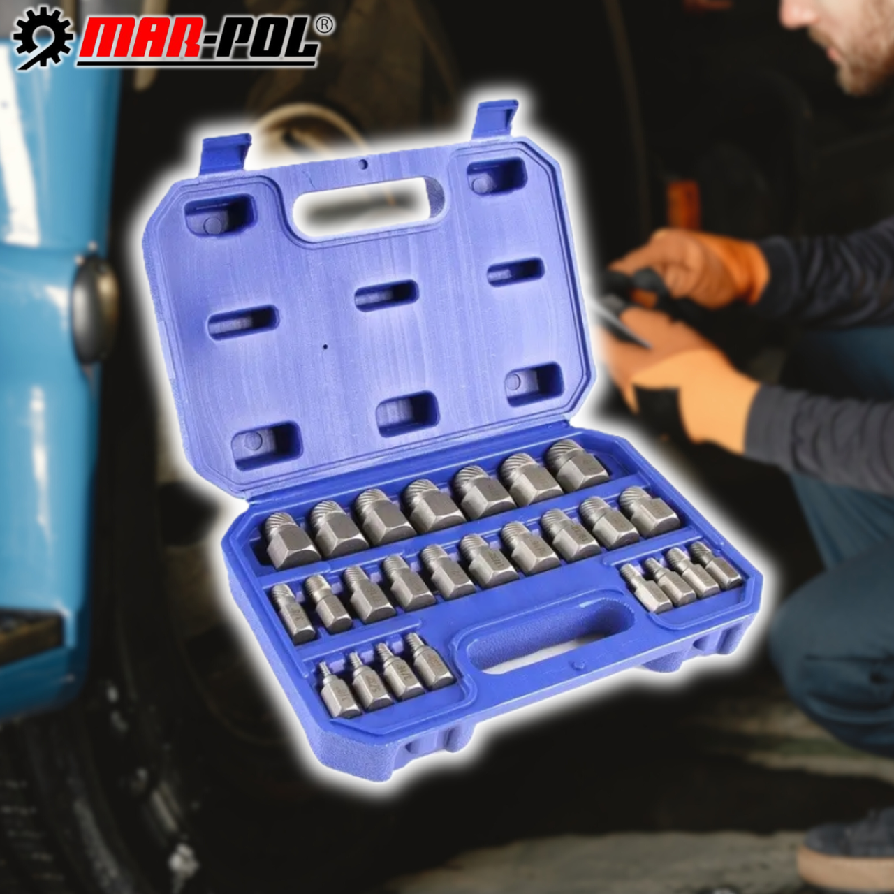 Набір для викручування зламаних болтів MAR-POL M58661 25ел, 1/8" — 7/8", пластиковий кейс
