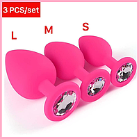 Рожеві анальні пробки з кристалом 3 шт, конусні силіконові втулки з різним розміром і діаметром, Інтимні іграш