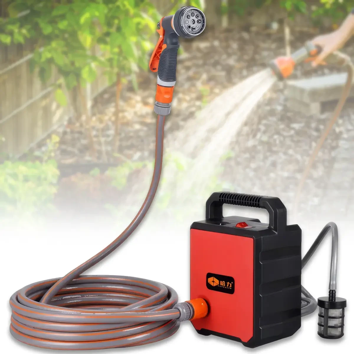 Акумуляторна помпа для води Pump-01 | 2 акумулятори, шланг 5 м, 8 режимів поливу, розпилювач, насос для поливу та миття, фото 1