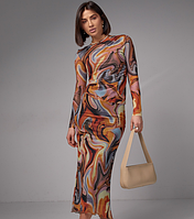 Літній жіночий костюм зі спідницею-міді та джемпером із сітки теракотовий розмір М