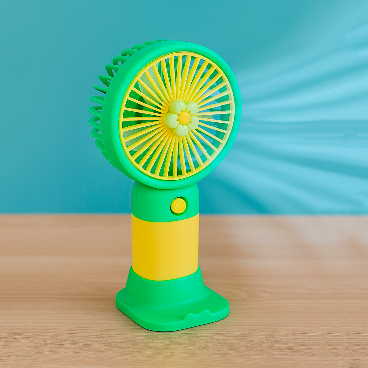 Портативний вентилятор на акумуляторі AC-38 жовто-бірюзовий, міні вентилятор з підставкою на стіл
