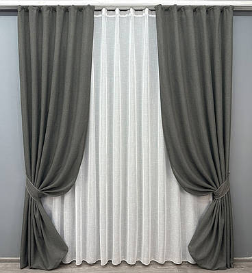 Комплект (2шт 1x2,7м + 3х2,7м) штор з тюлем "Льон Мішковина", колір сірий з білим (1282ш-115т) 71-027/1