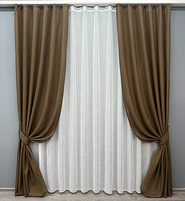 Комплект (2шт 1x2,7м + 3х2,7м) штор з тюлем "Льон Мішковина", колір коричневий з білим (1476ш-115т) 71-028/1