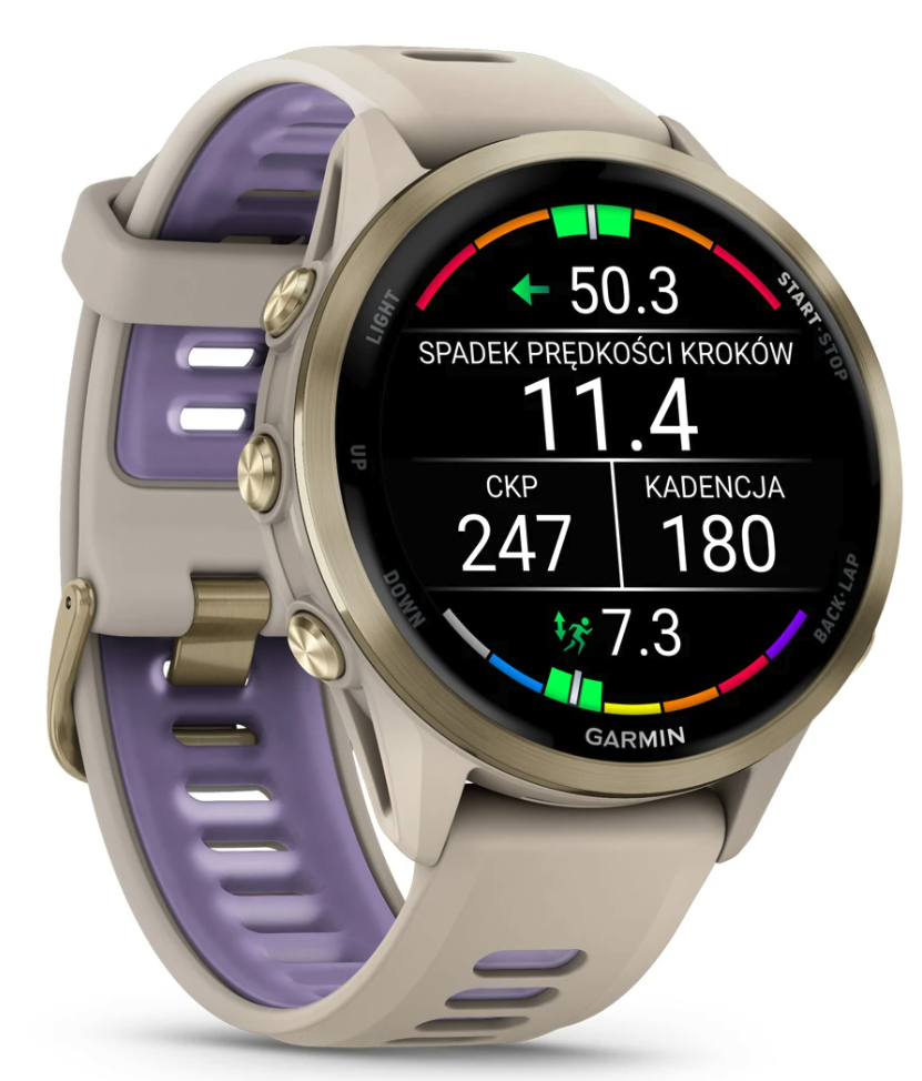 Годинник Garmin Forerunner 970 Soft Gold Titanium with French Grey Case and French Grey/Translucent Indigo Ban