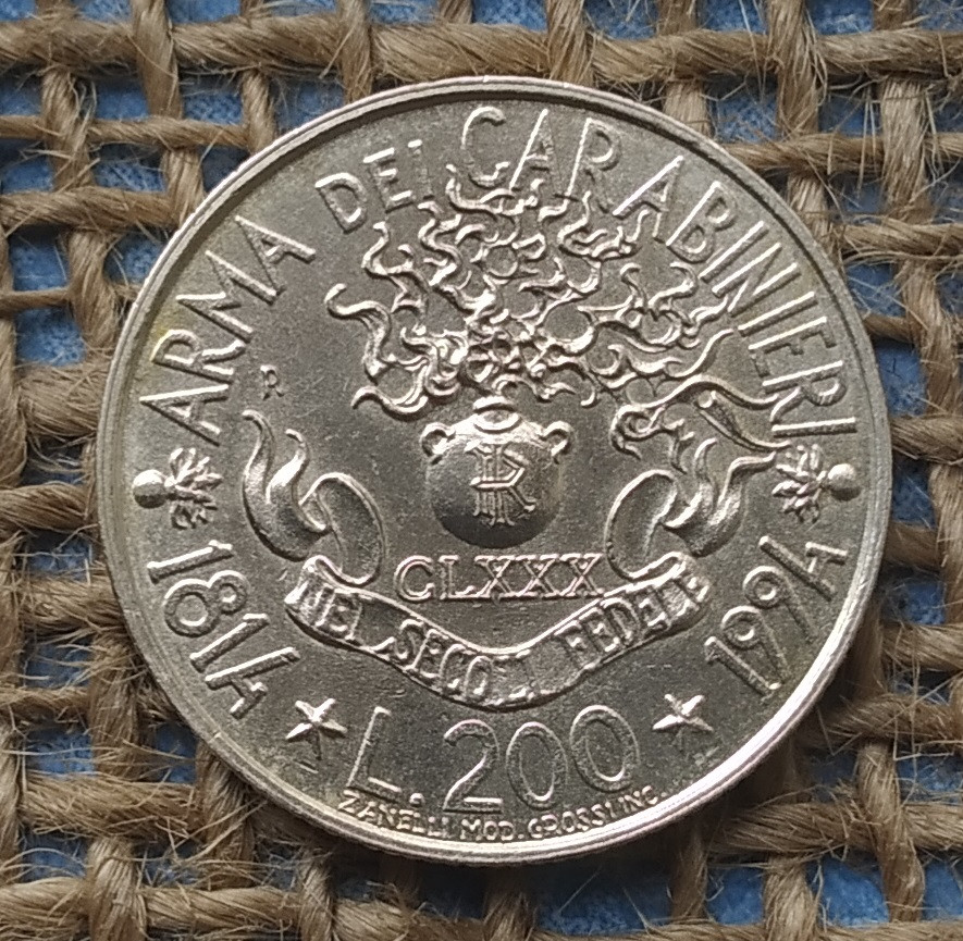 200 лiр 1994 року. "180-та річниця - Карабінери". Iталiя, фото 1
