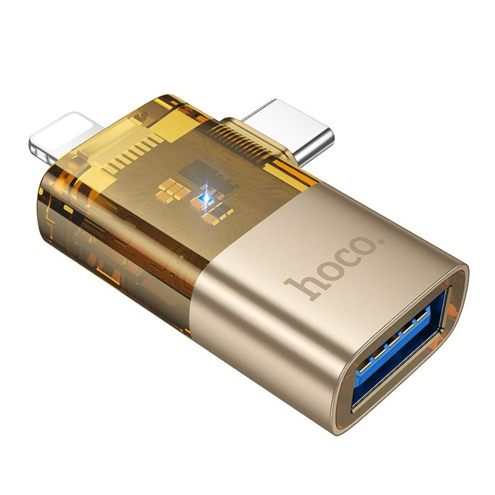 Адаптер перехідник Hoco UA36E 2в1 Lightning/Type-C to USB gold, фото 1