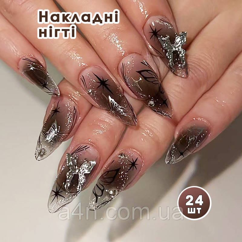 Напівпрозорі накладні нігті 24 шт. + клейові стики для нігтів, типси мигдаль для манікюру, фото 1