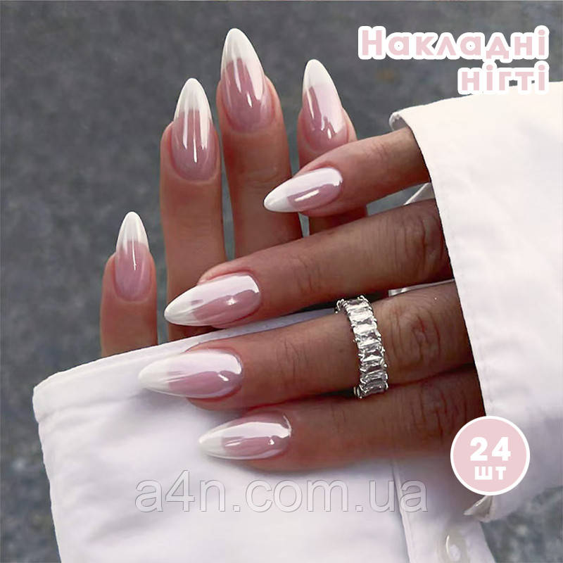 Накладні нігті 24 шт. французький манікюр - напівпрозорі, дзеркальні + клейові стики для типу, фото 1