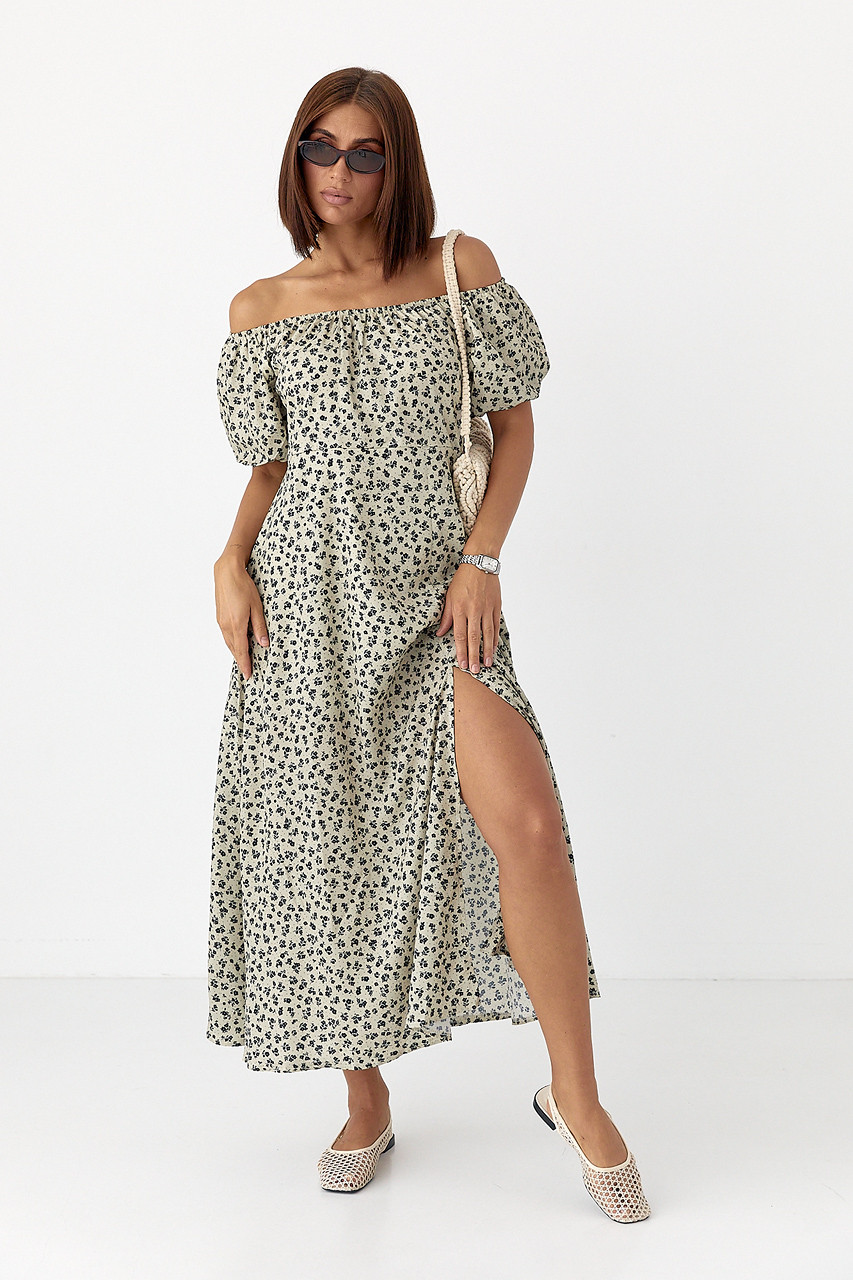 Квіткове плаття з рукавами-ліхтариками — кавовий колір, L (є розміри), фото 1