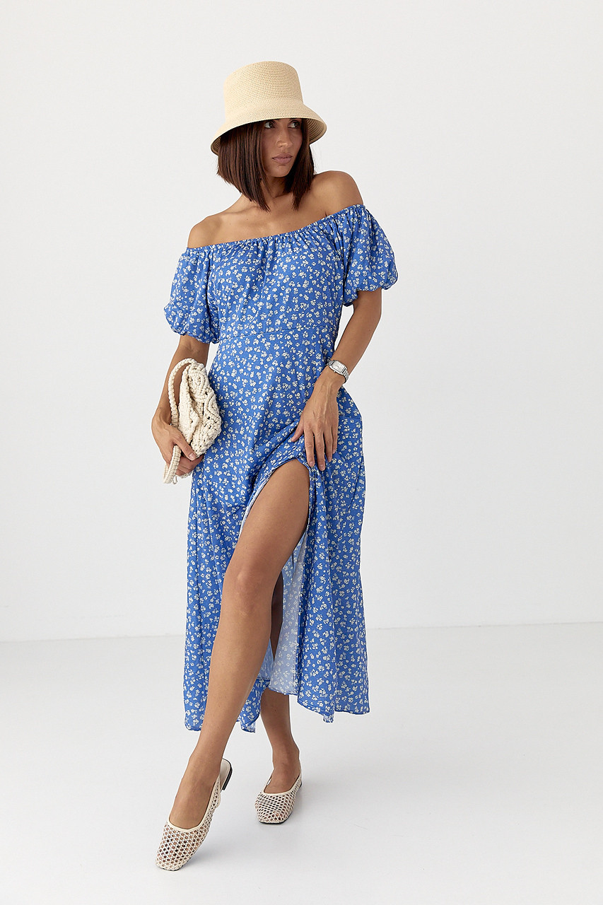 Квіткове плаття з рукавами-ліхтариками — синій колір, M (є розміри), фото 1