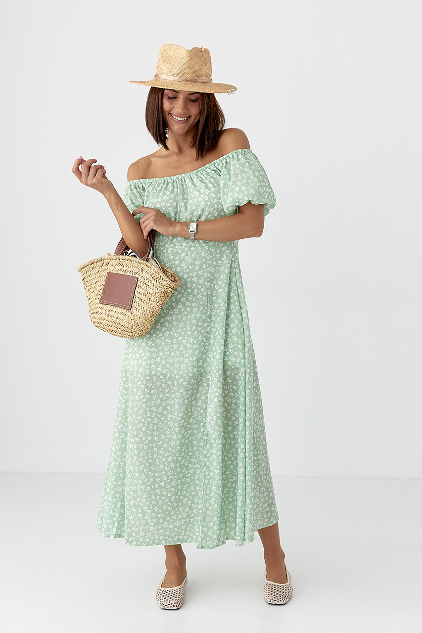 Квіткове плаття з рукавами-ліхтариками — салатовий колір, M (є розміри), фото 1