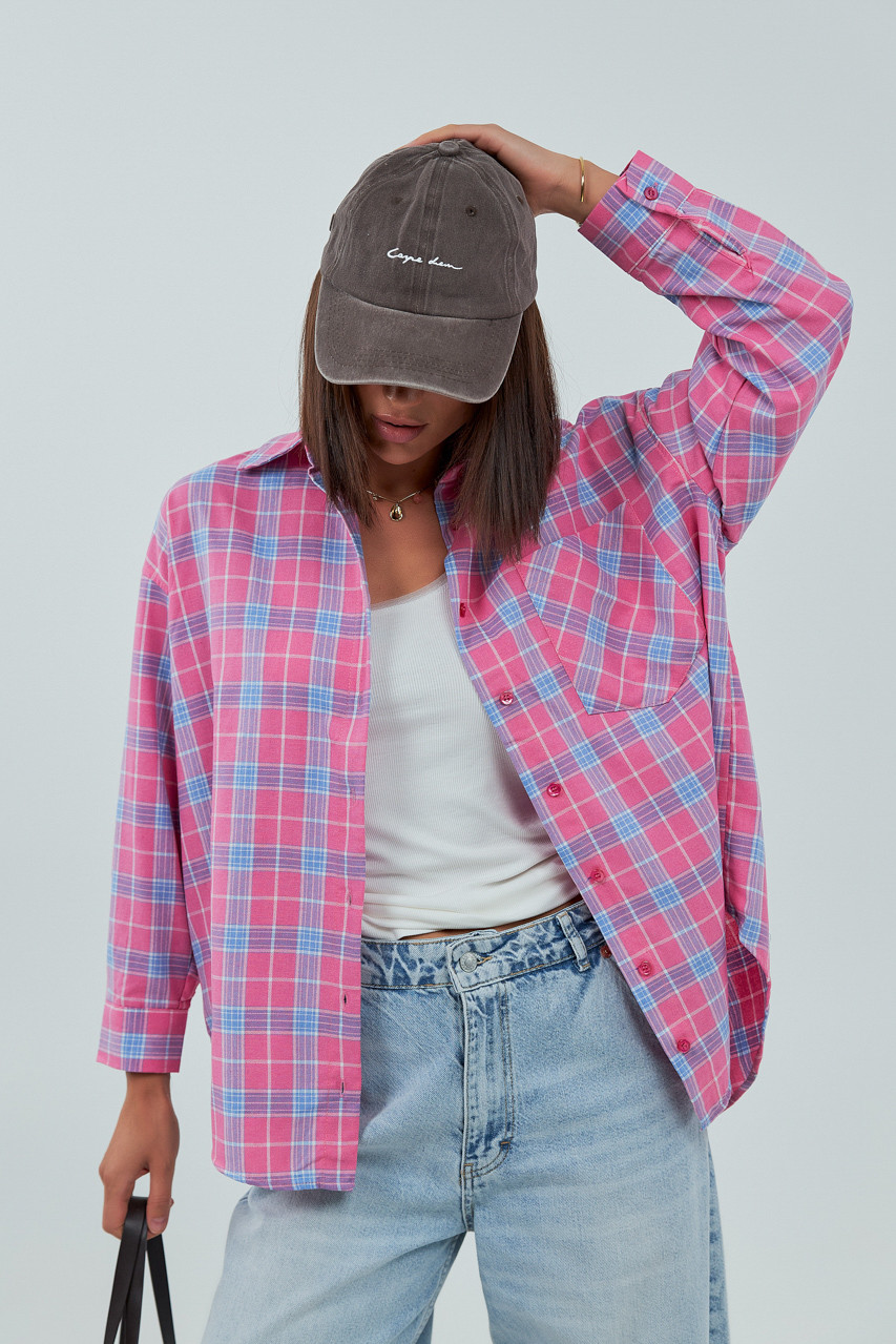 Жіноча картата сорочка з кишенею — рожевий колір, L (є розміри), фото 1