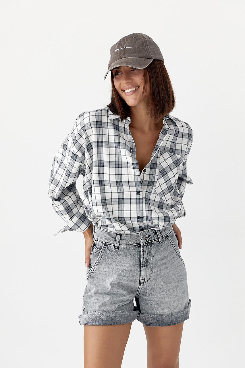 Жіноча картата сорочка з кишенею — білий із чорним кольором, L (є розміри), фото 1