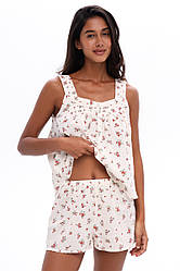 Комплект для сну з батисту German Volf 25070 майка на ґудзиках та шорти, квітковий принт молочний