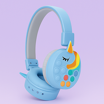 Дитячі навушники Pop-it Єдиноріг зі світлом і м'якими вушками (блакитні)