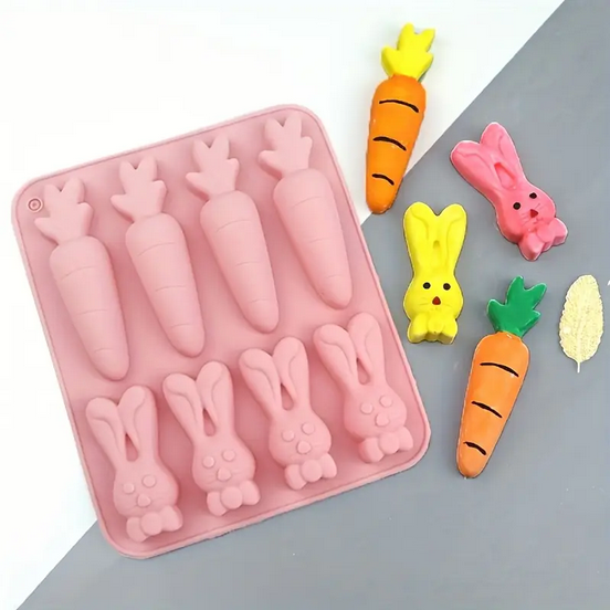 Силіконова форма зайчик з морквою для випікання желе цукерок мила свічок SAM-6582 рожевий, фото 1