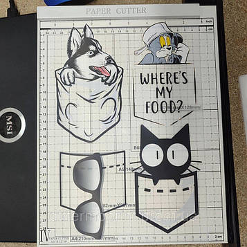 Наліпки для одягу "Кишенькі з котиком, Тому і Джері, песик хаскі, окуляри" 4 шт на лист А4 Код/Артикул А5