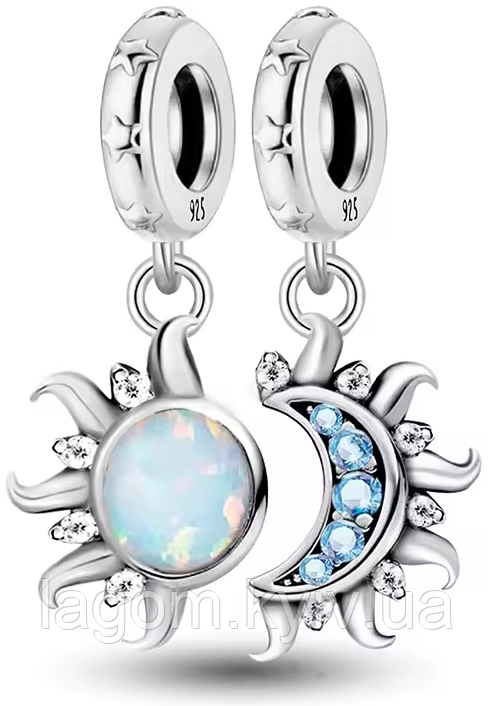 Срібний шарм-підвіска амулет-кулон в стилі PANDORA 925 проба Sun&Moon Сонце та Місяць намистина ПАНДОРА, фото 1