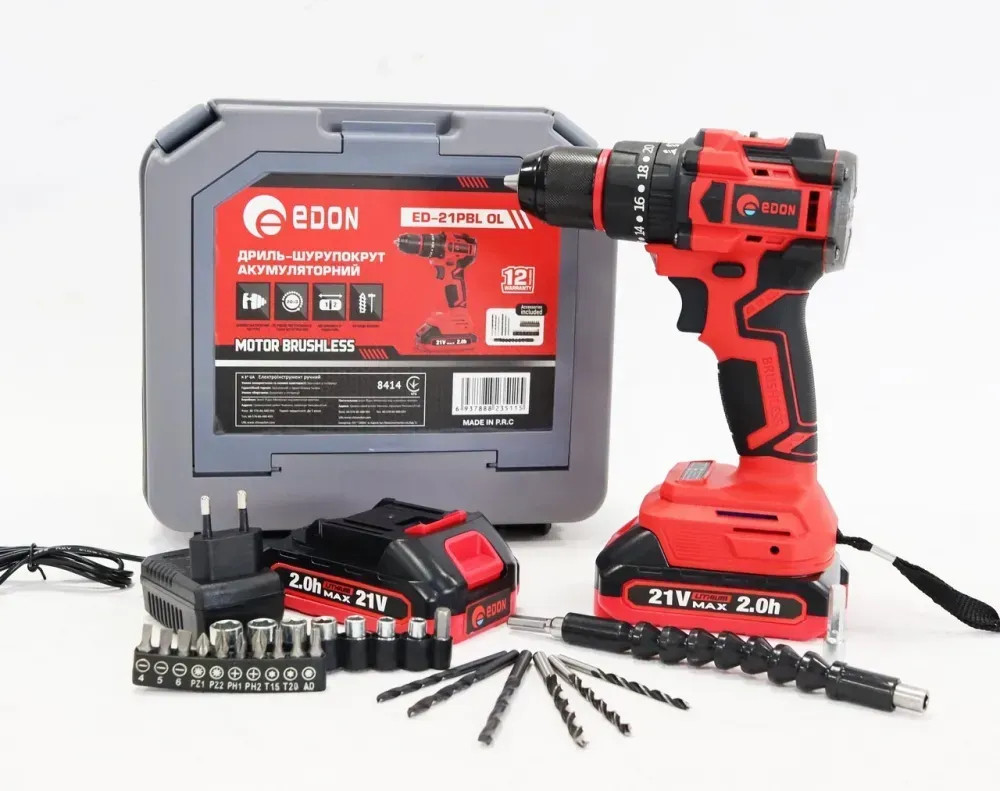 Акумуляторний шурупокрут EDON ED-21PBL OL (металічний патрон, 2 акумулятори, кейс), фото 1