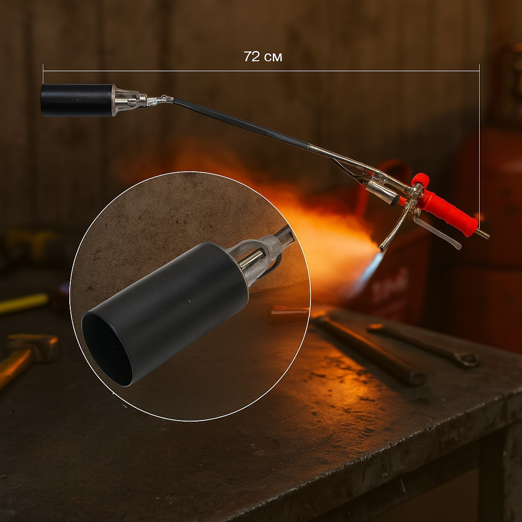 Газовий пальник пропановий 72 см з п'єзопідпалом і клапаном, латунь, для покрівельних робіт