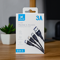 Кабель зарядки для телефона lightning micro usb type c Lugi, провід для передавання даних USB шнур універсальний