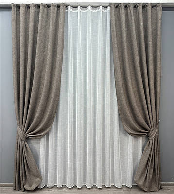 Комплект (2шт 1x2,7м + 3х2,7м) штор з тюлем "Льон Мішковина", колір сірий з білим (1769ш-115т) 71-029/1