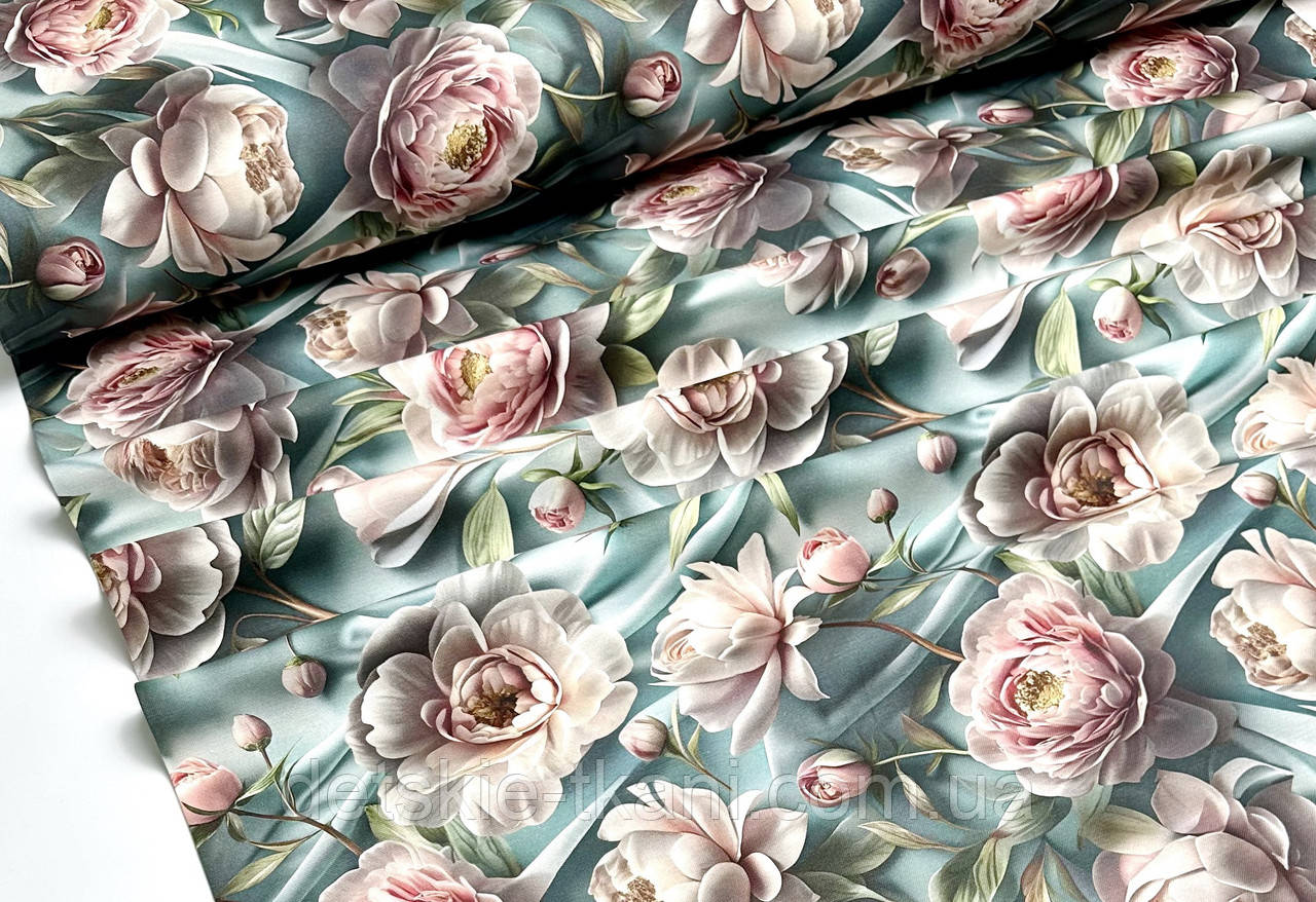 Тканина Duck digital "Пудрові півонії на смарагдовому тлі", фото 1