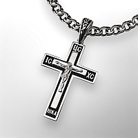 КОМПЛЕКТ: СРІБНИЙ ЛАНЦЮЖОК З ПРЯМИМ ХРЕСТИКОМ — товстий БІСМАРК 925, чорніння, 22 г + 7.85 г, 55 см