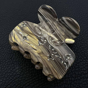 Краб для волосся міцний французький пластик карамельно бежевого кольору із сірими стразами довжина 5 см висота 4 см