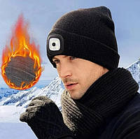Шапка зимова трикотажна з ліхтариком налобна з USB зарядкою чорна 18×16 см, тепла в'язана шапка зі світлодіодами