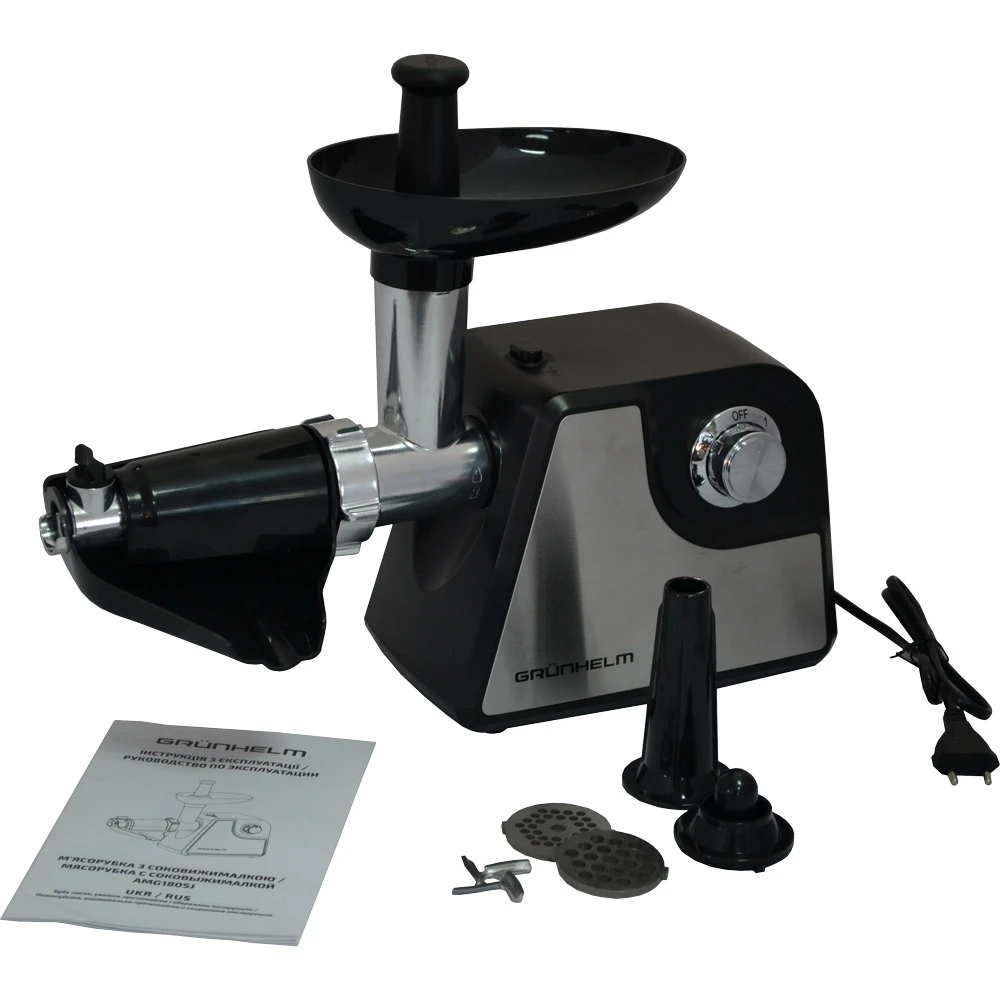 М'ясорубка електрична Grunhelm AMG180SJ, 1800 Вт, з реверсом, насадками для ковбас, терки та соку, чорна/срібляста, фото 1