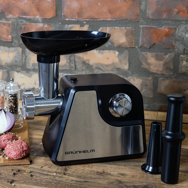 М'ясорубка електрична Grunhelm AMG180SS, 1800 Вт, з реверсом, насадкою для ковбас, чорна, фото 1